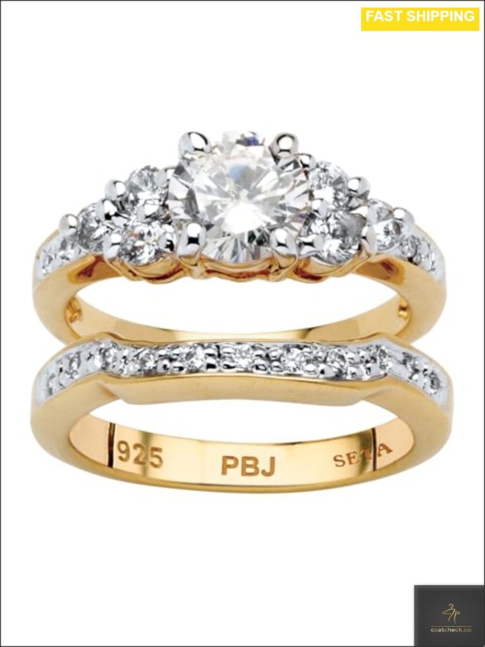 18K Yellow Gold Plated Bridal Ring Set Round Cubic Zirconia Wedding